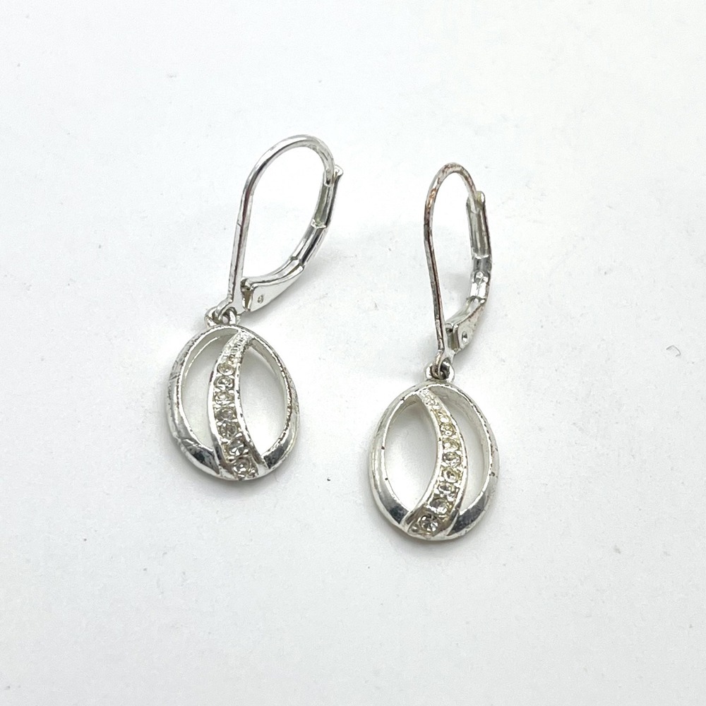 Silver‎ Tone Rhinestone Oval Leverback Drop Earrings Sparkling Dangle Jewelry